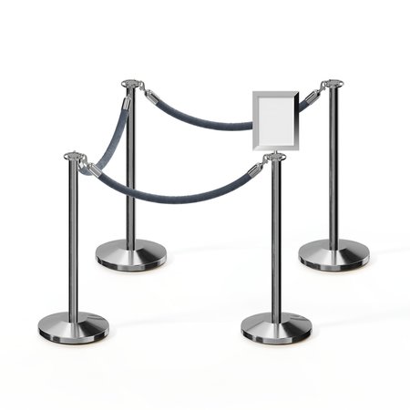 MONTOUR LINE Stanchion Post & Rope Kit Pol.Steel, 4FlatTop 3Gray Rope 8.5x11V Sign C-Kit-3-PS-FL-1-Tapped-1-8511-V-3-PVR-GY-PS